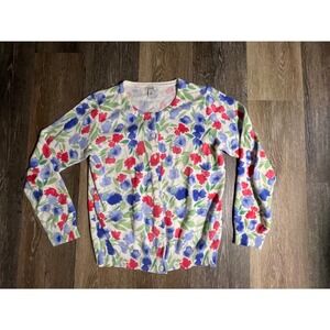 LL Bean Cardigan Women Medium White Floral Excellent Watercolor Button Front